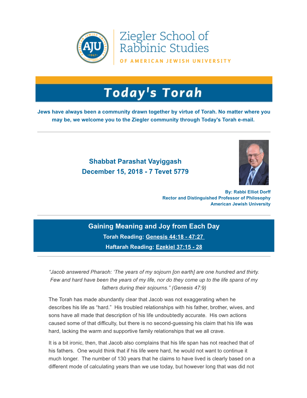 Shabbat Parashat Vayiggash December 15, 2018 - 7 Tevet 5779