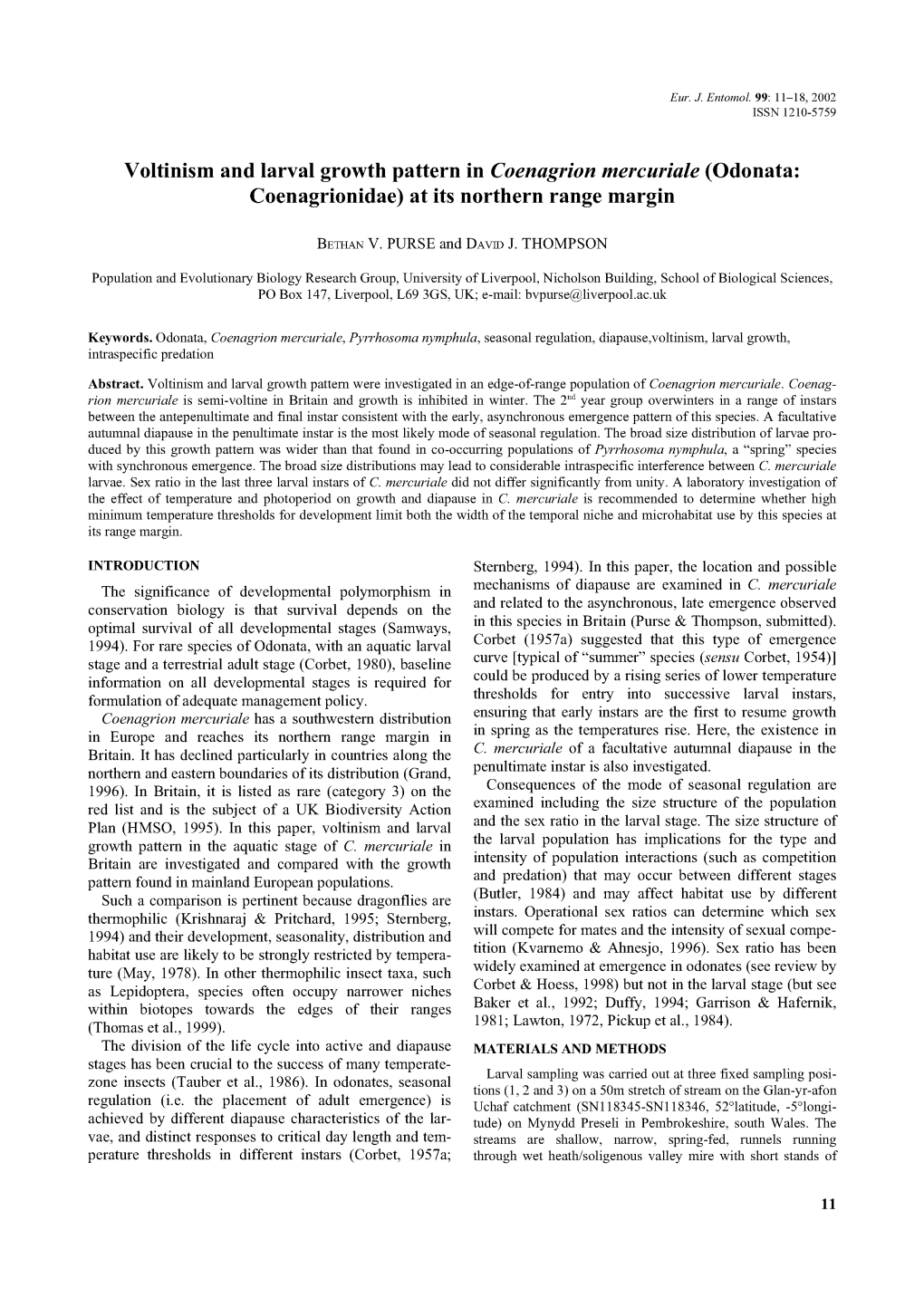 Voltinism and Larval Growth Pattern in Coenagrion Mercuriale (Odonata