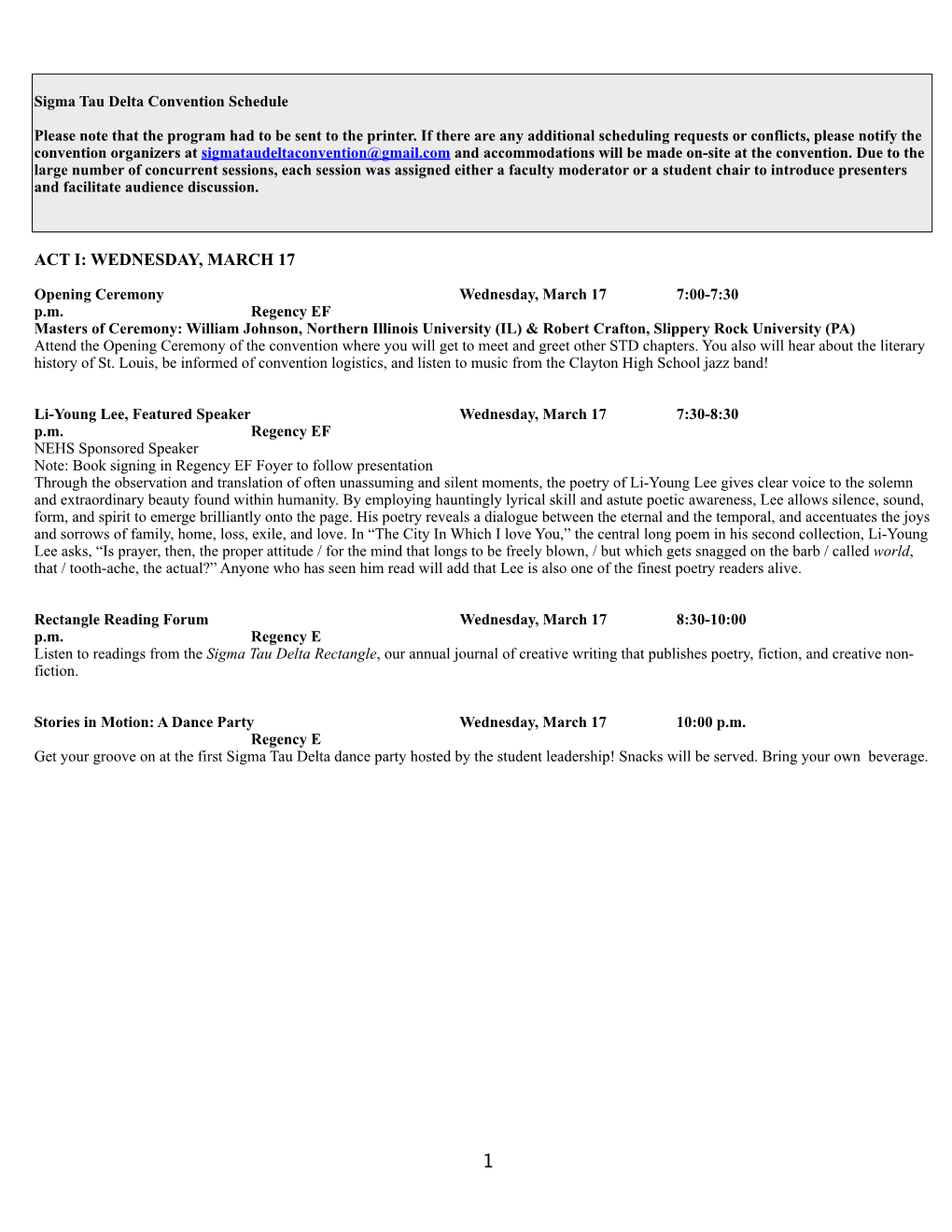 Sigma Tau Delta Convention Schedule