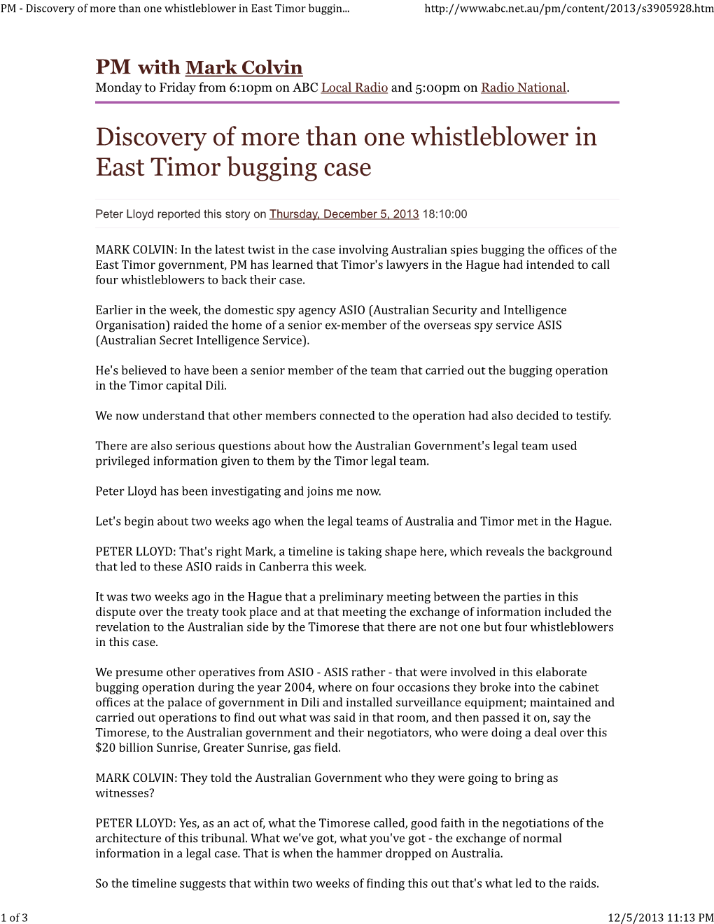 PM - Discovery of More Than One Whistleblower in East Timor Buggin