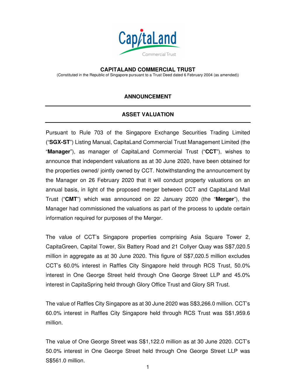 1 CAPITALAND COMMERCIAL TRUST ANNOUNCEMENT ASSET VALUATION Pursuant to Rule 703 of the Singapore Exchange Securities Trading