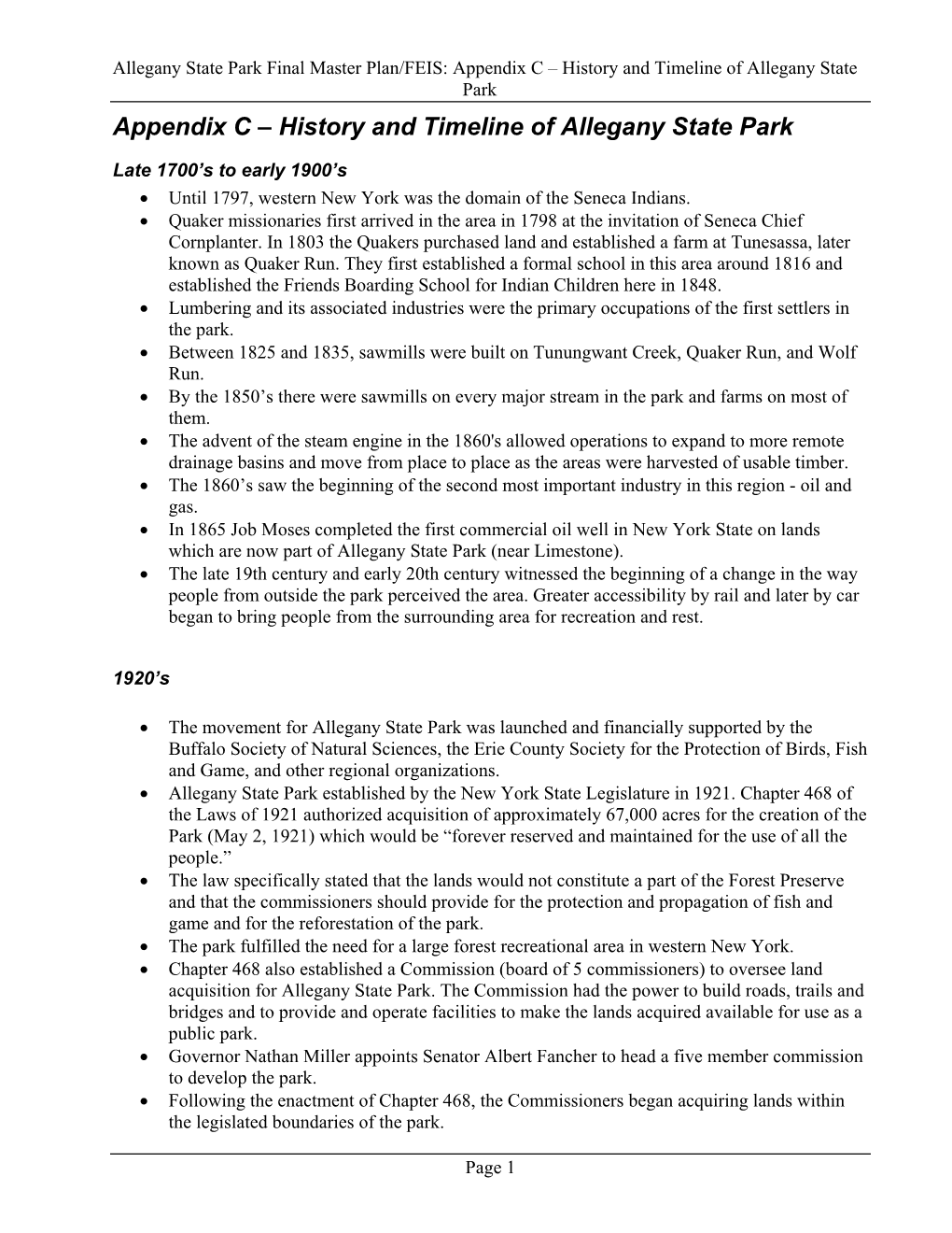 History and Timeline of Allegany State Park Appendix C – History and Timeline of Allegany State Park