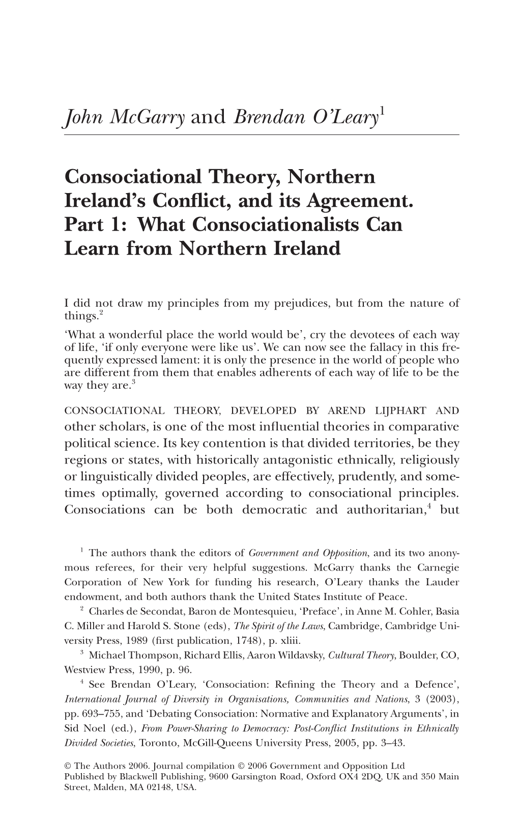 Consociational Theory, Northern Ireland's Conflict, and Its Agreement