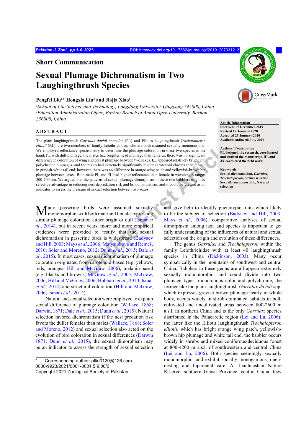 First Article Sexual Plumage Dichromatism in Two Laughingthrush Species