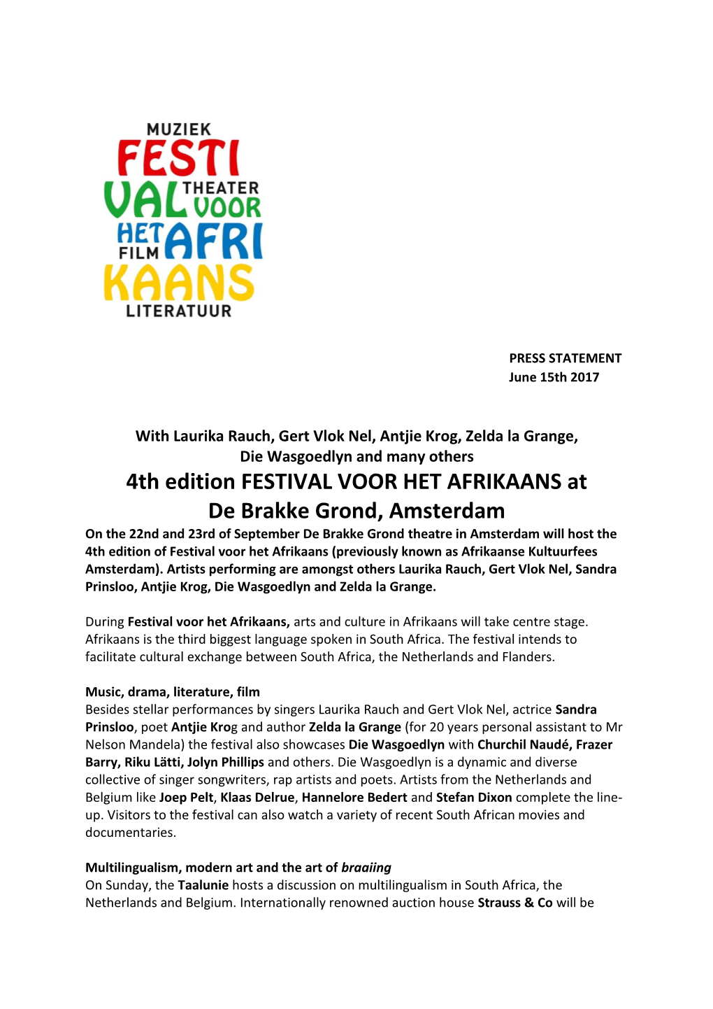 4Th Edition FESTIVAL VOOR HET AFRIKAANS at De Brakke Grond