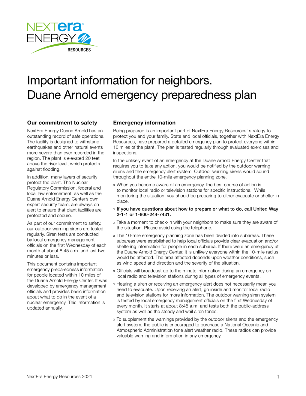 Duane Arnold Emergency Preparedness Plan