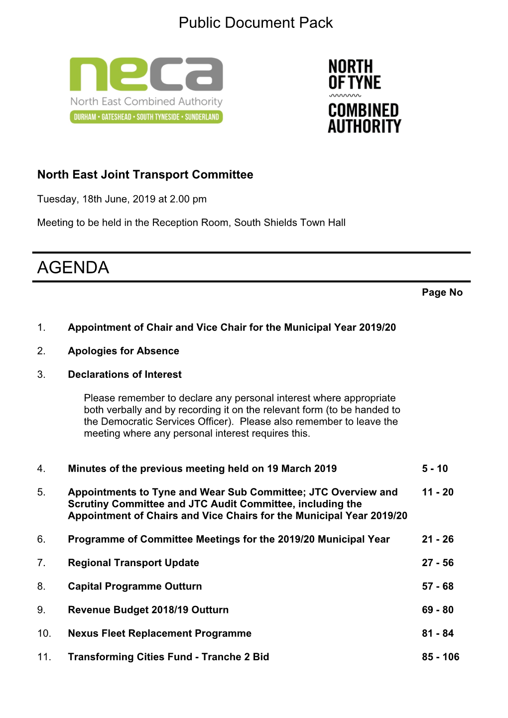 Agenda Document for North East Joint Transport Committee, 18/06/2019