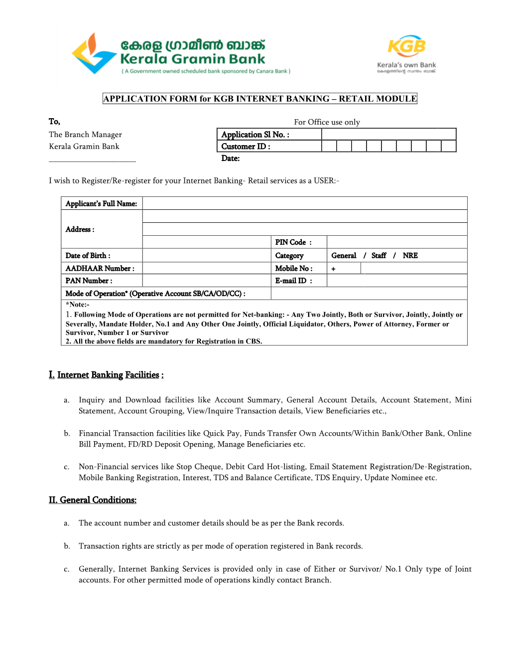 APPLICATION FORM for KGB INTERNET BANKING – RETAIL MODULE