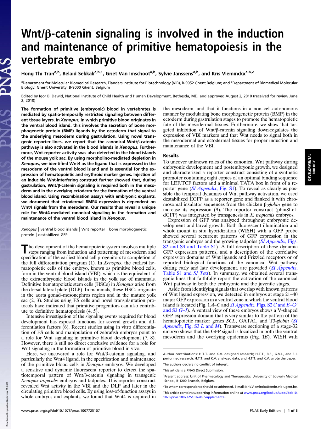 Wnt/Β-Catenin Signaling Is Involved in the Induction and Maintenance of Primitive Hematopoiesis in the Vertebrate Embryo