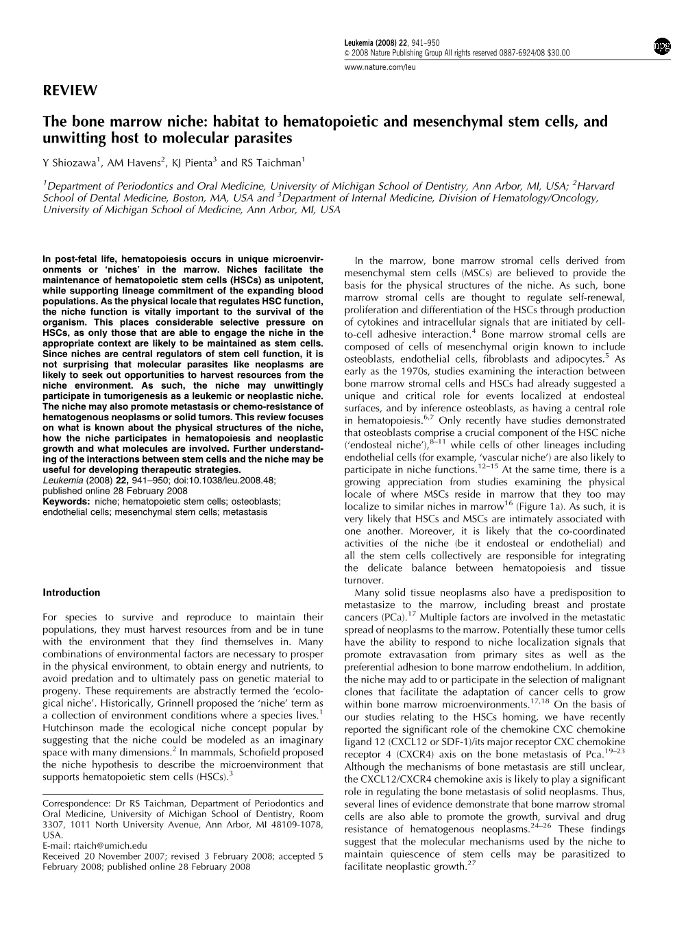 REVIEW the Bone Marrow Niche: Habitat to Hematopoietic