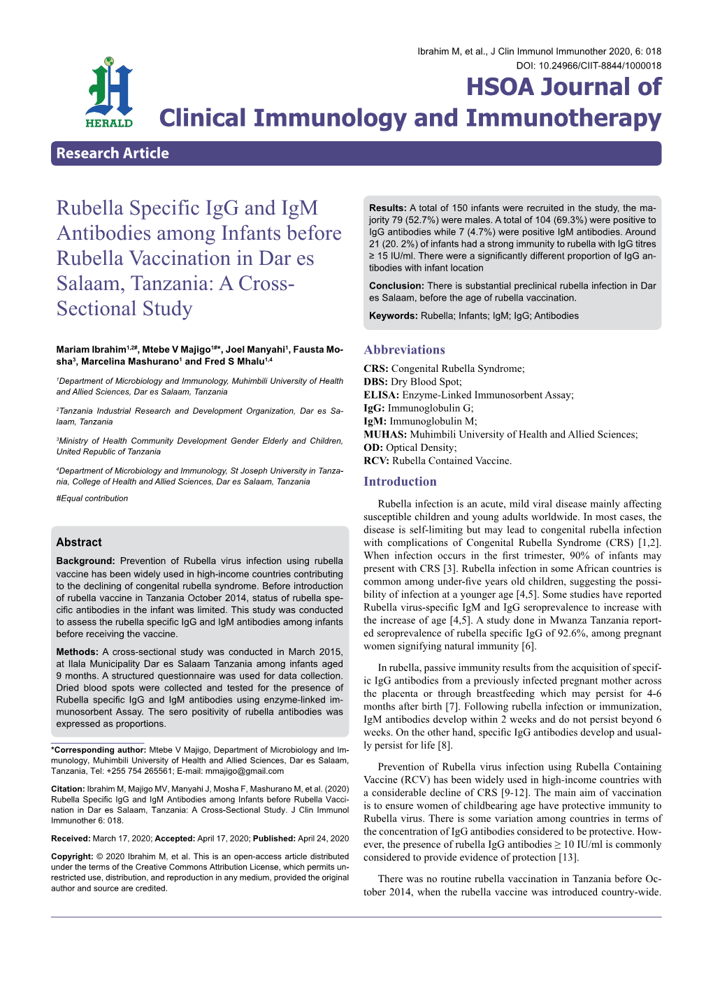 Rubella Specific Igg and Igm Antibodies Among Infants Before Rubella Vacci- Nation in Dar Es Salaam, Tanzania: a Cross-Sectional Study