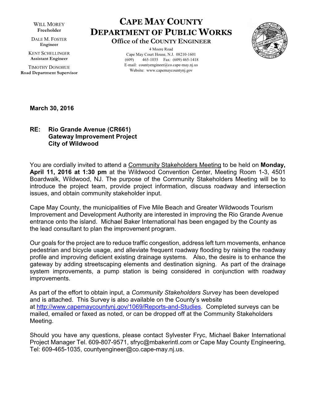 Cape May County Department of Public Works, Office of the County Engineer RE: Rio Grande Avenue Community Stakeholders Survey