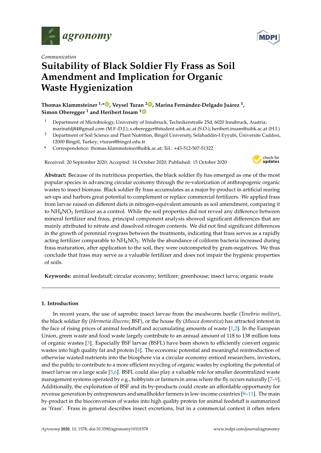 Suitability of Black Soldier Fly Frass As Soil Amendment and Implication for Organic Waste Hygienization