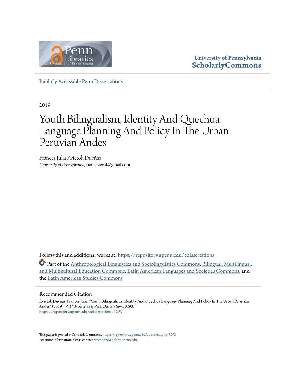 Youth Bilingualism, Identity and Quechua Language Planning And