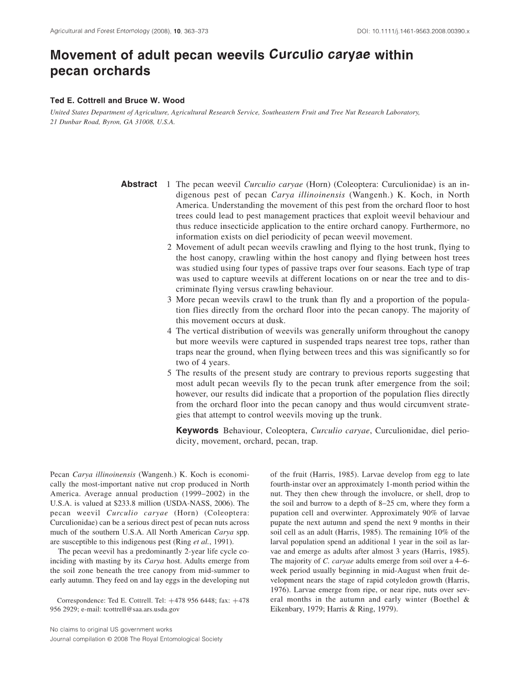 Movement of Adult Pecan Weevils Curculio Caryae Within Pecan Orchards