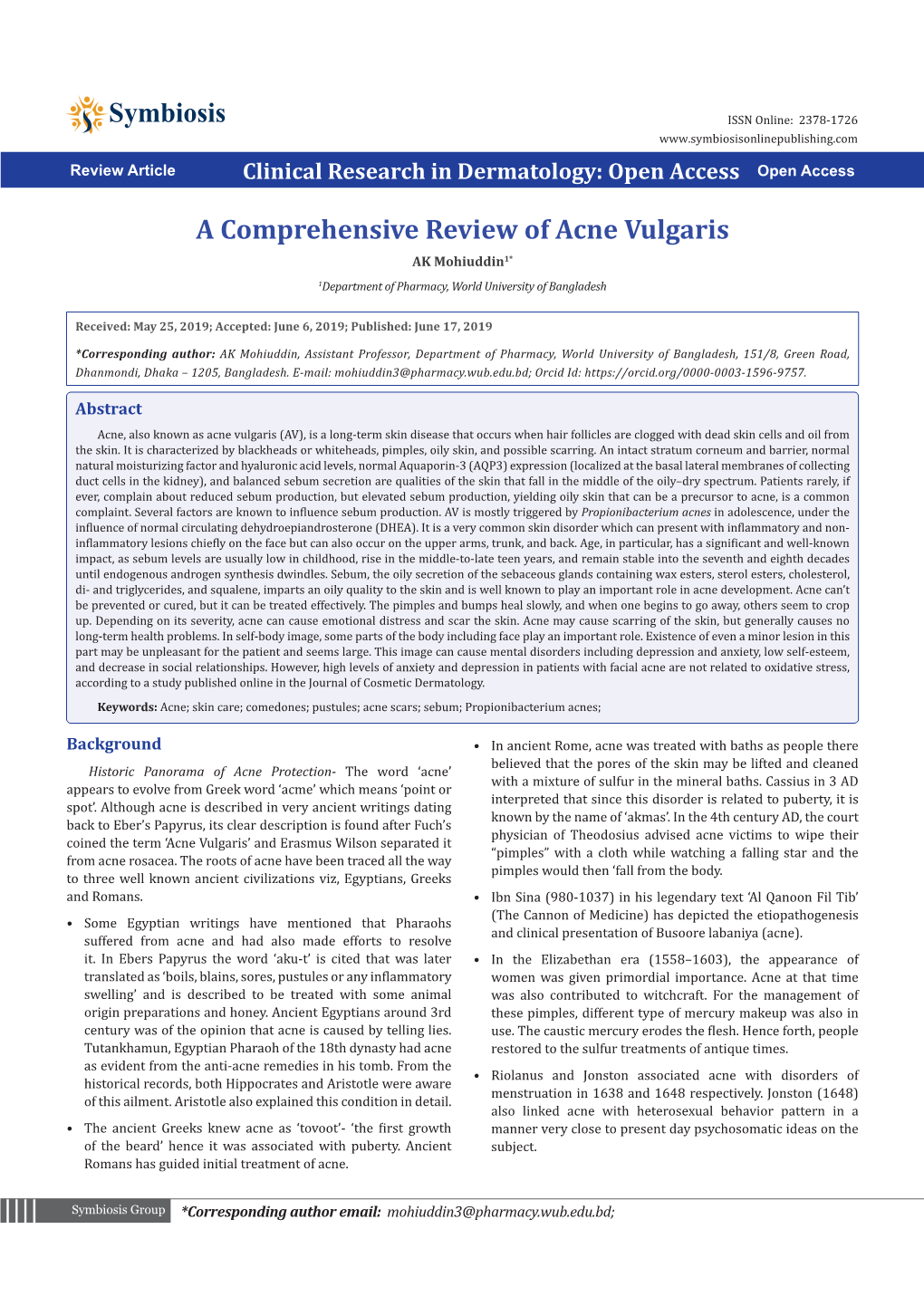 A Comprehensive Review of Acne Vulgaris AK Mohiuddin1* 1Department of Pharmacy, World University of Bangladesh