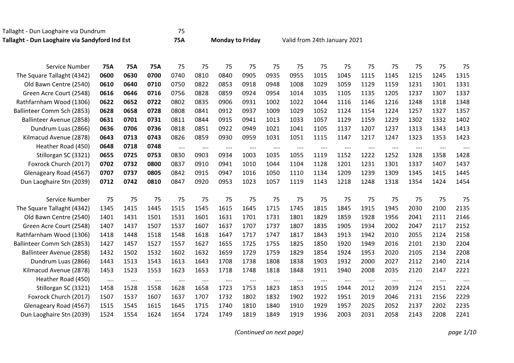 75 75A Monday to Friday Valid from 24Th January 2021 Service Number