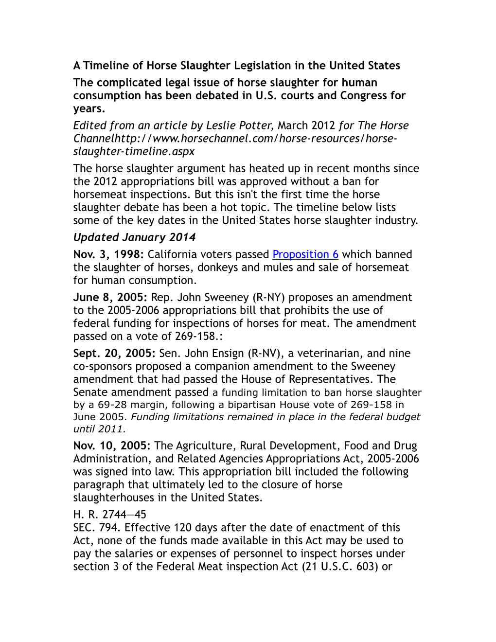 Legislative Timeline of Horse Slaughter