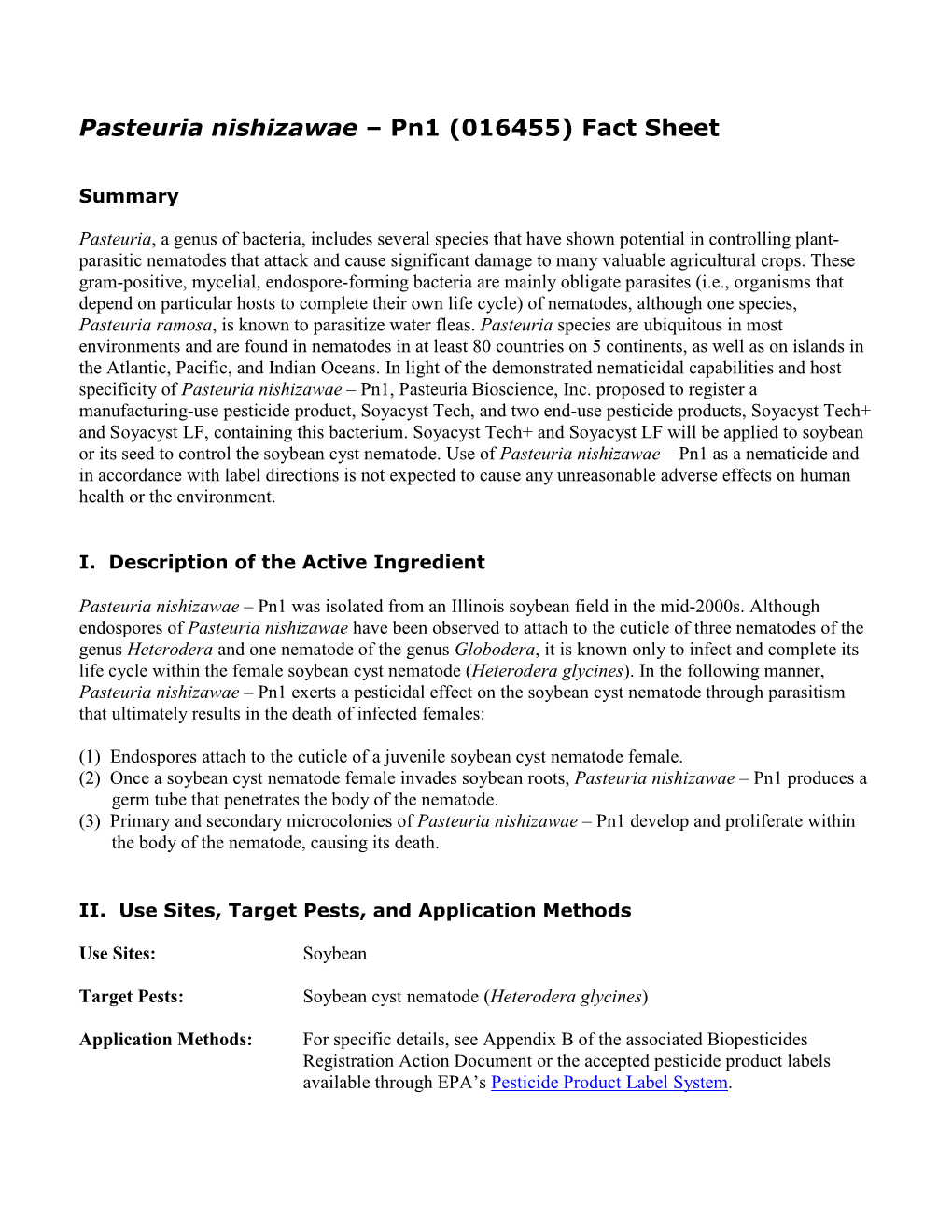 Pasteuria Nishizawae – Pn1 (016455) Fact Sheet