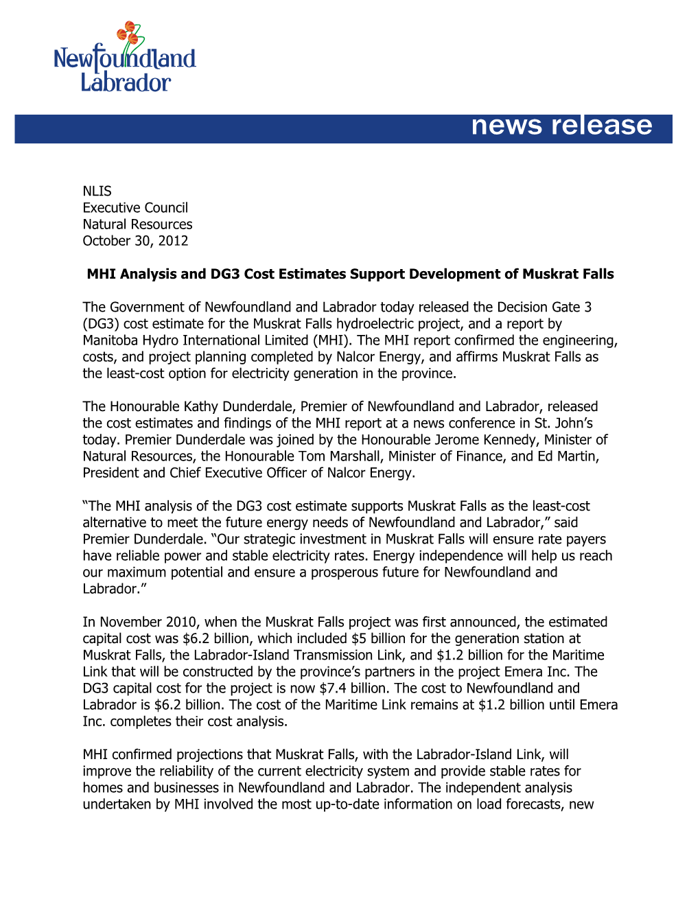 News Release, MHI Analysis & DG3 Cost Estimates Support