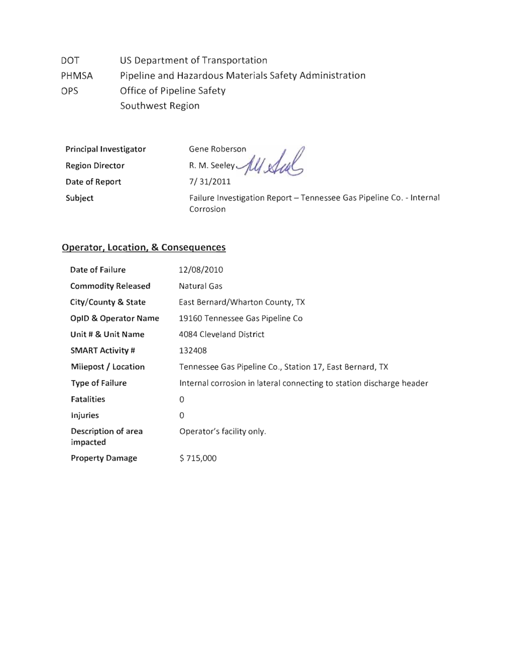 Failure Investigation Report - Tennessee Gas Pipeline Co