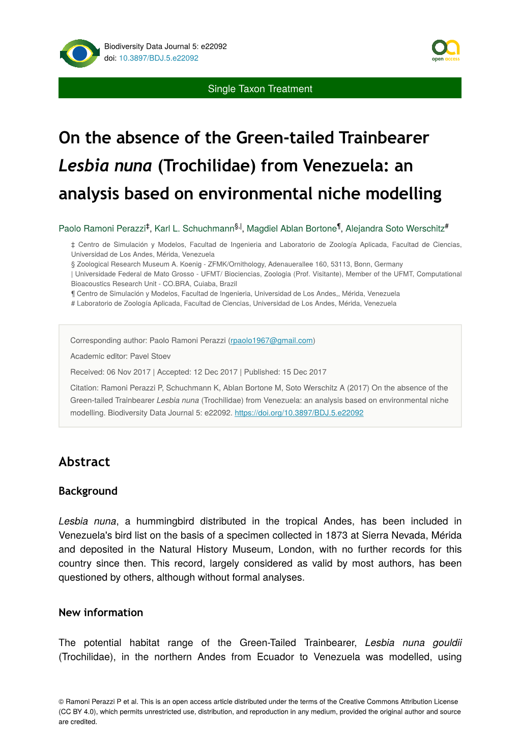 On the Absence of the Green-Tailed Trainbearer Lesbia Nuna (Trochilidae) from Venezuela: an Analysis Based on Environmental Niche Modelling