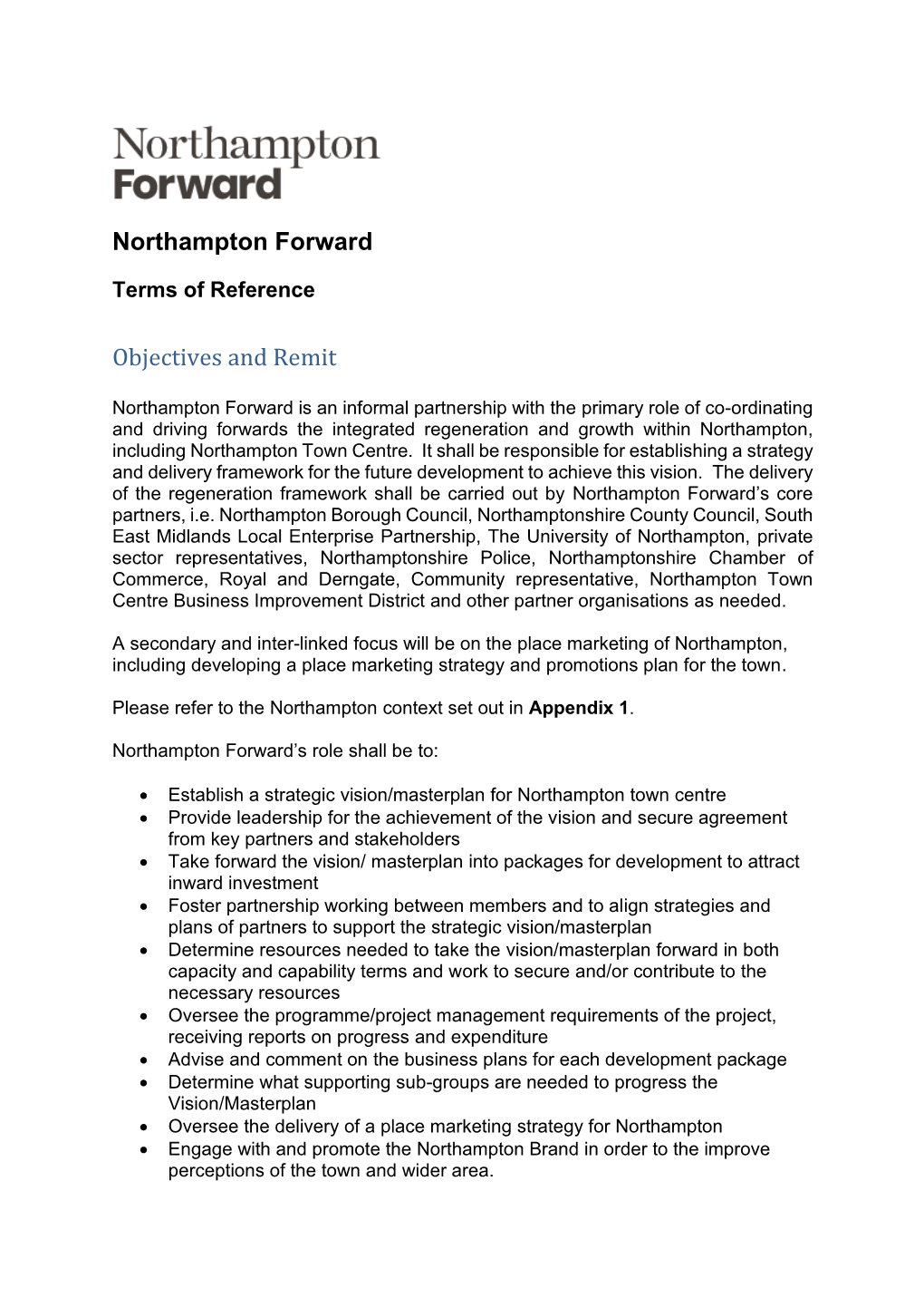 Northampton Forward Terms of Reference