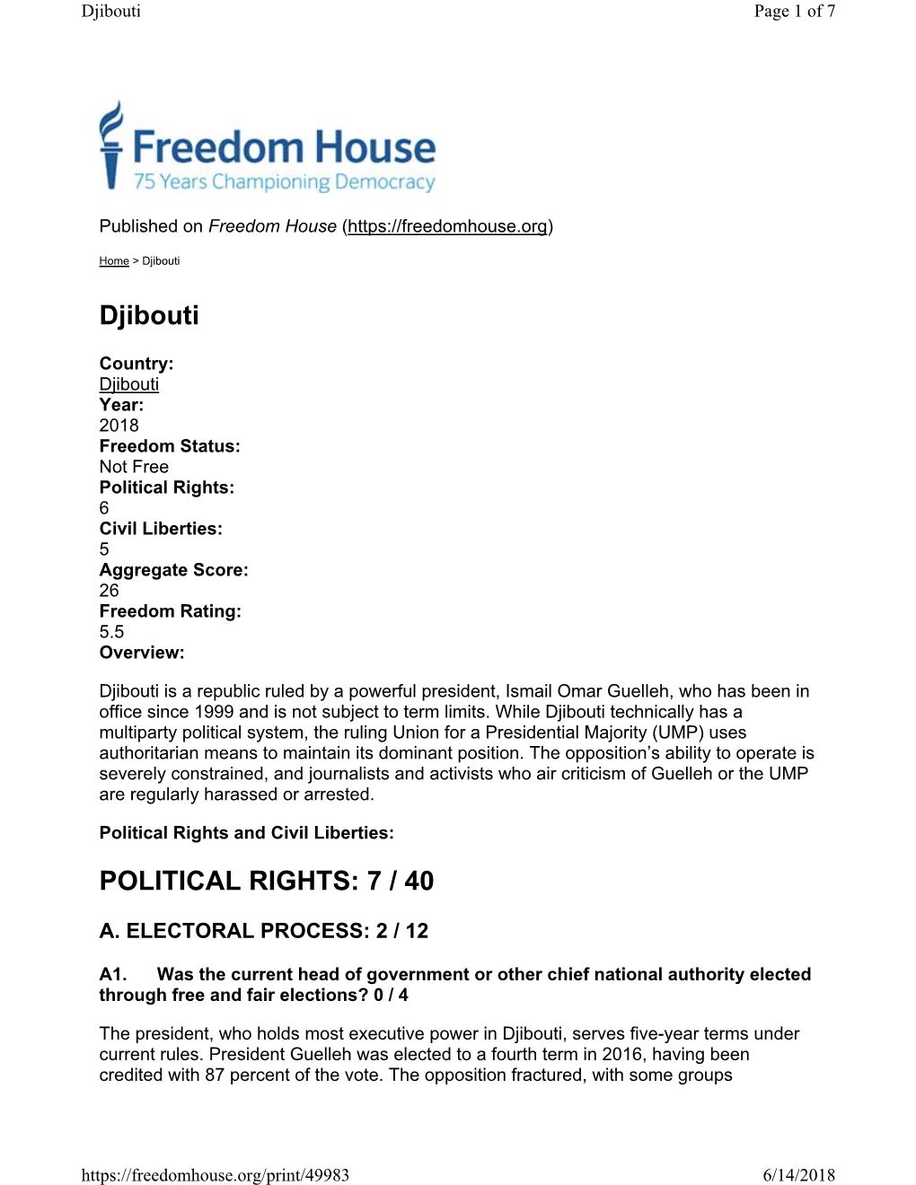 Djibouti POLITICAL RIGHTS: 7 / 40