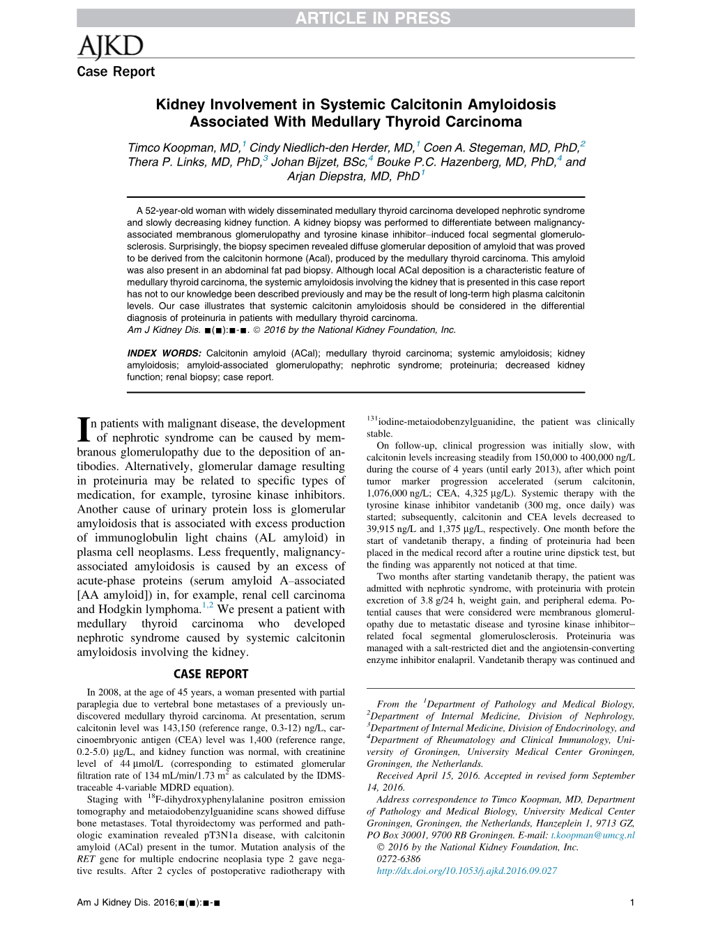 Kidney Involvement in Systemic Calcitonin Amyloidosis Associated with Medullary Thyroid Carcinoma