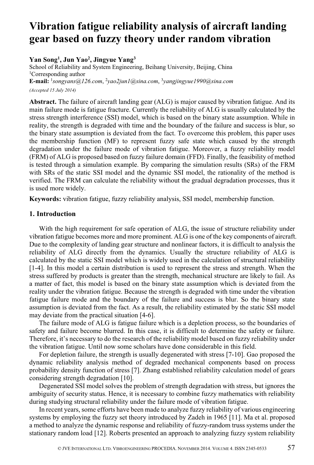 Vibration Fatigue Reliability Analysis of Aircraft Landing Gear Based on Fuzzy Theory Under Random Vibration