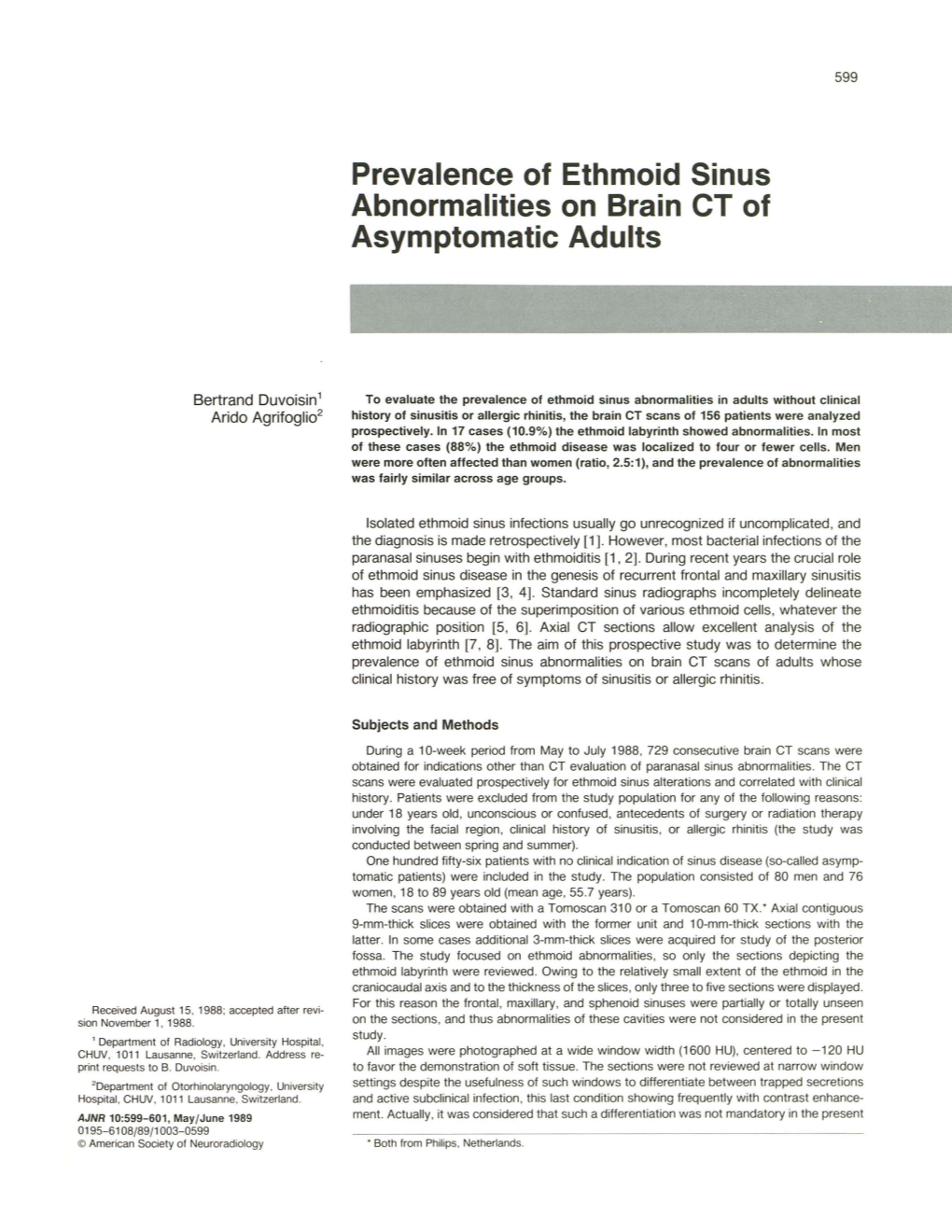 Prevalence of Ethmoid Sinus Abnormalities on Brain CT of Asymptomatic Adults