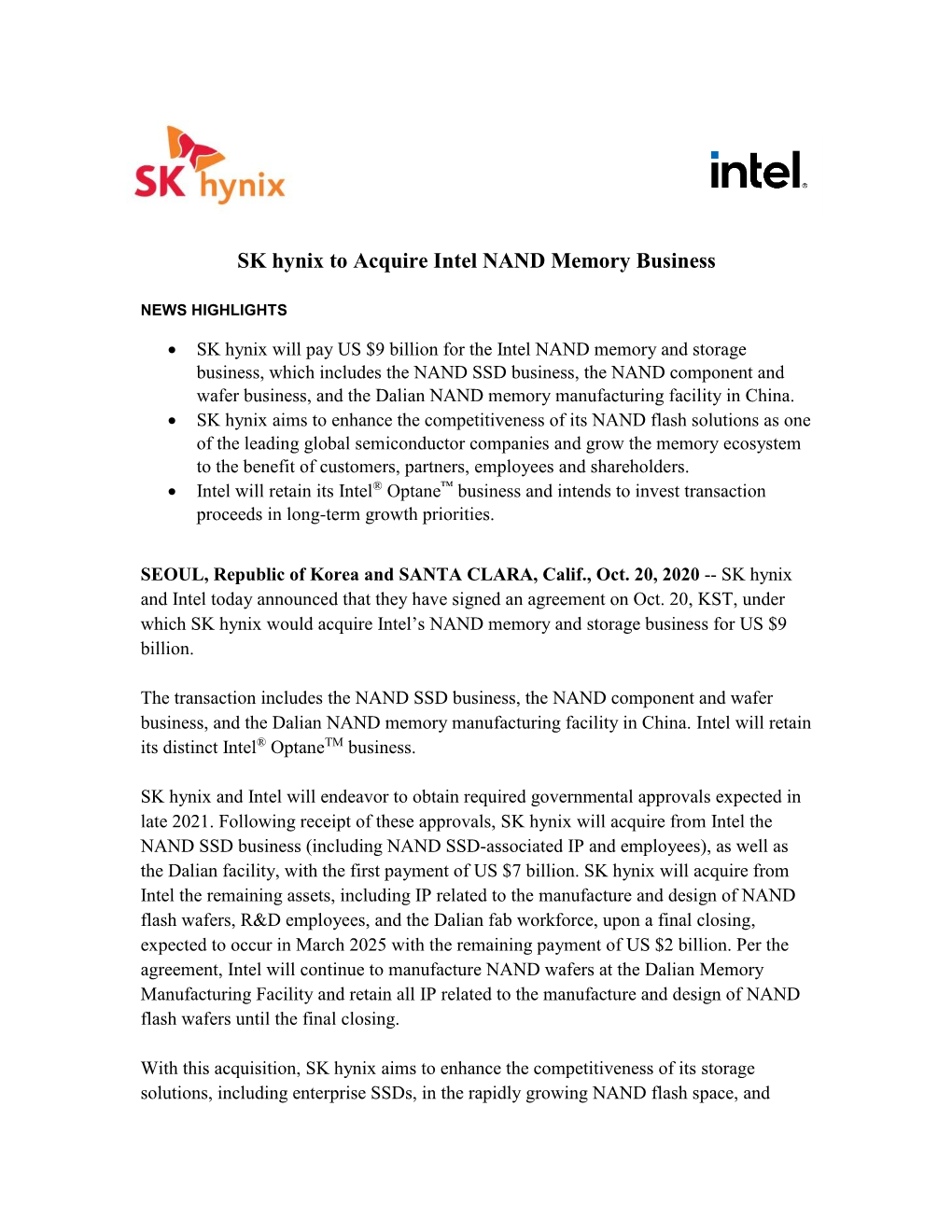 SK Hynix to Acquire Intel NAND Memory Business