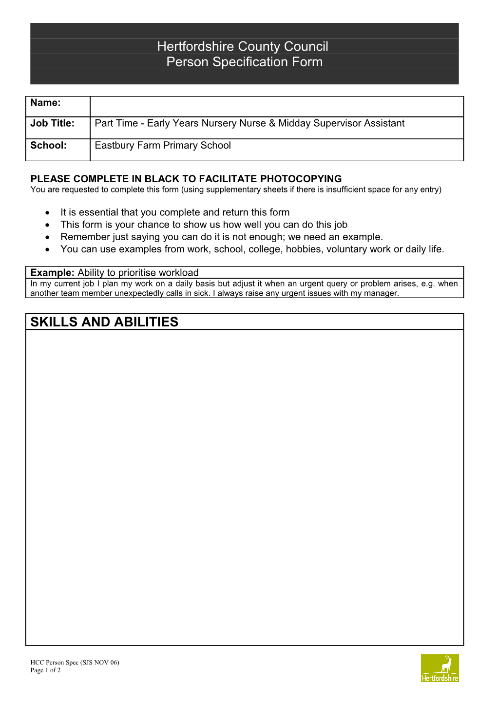 Hertfordshire County Council Person Specification Form