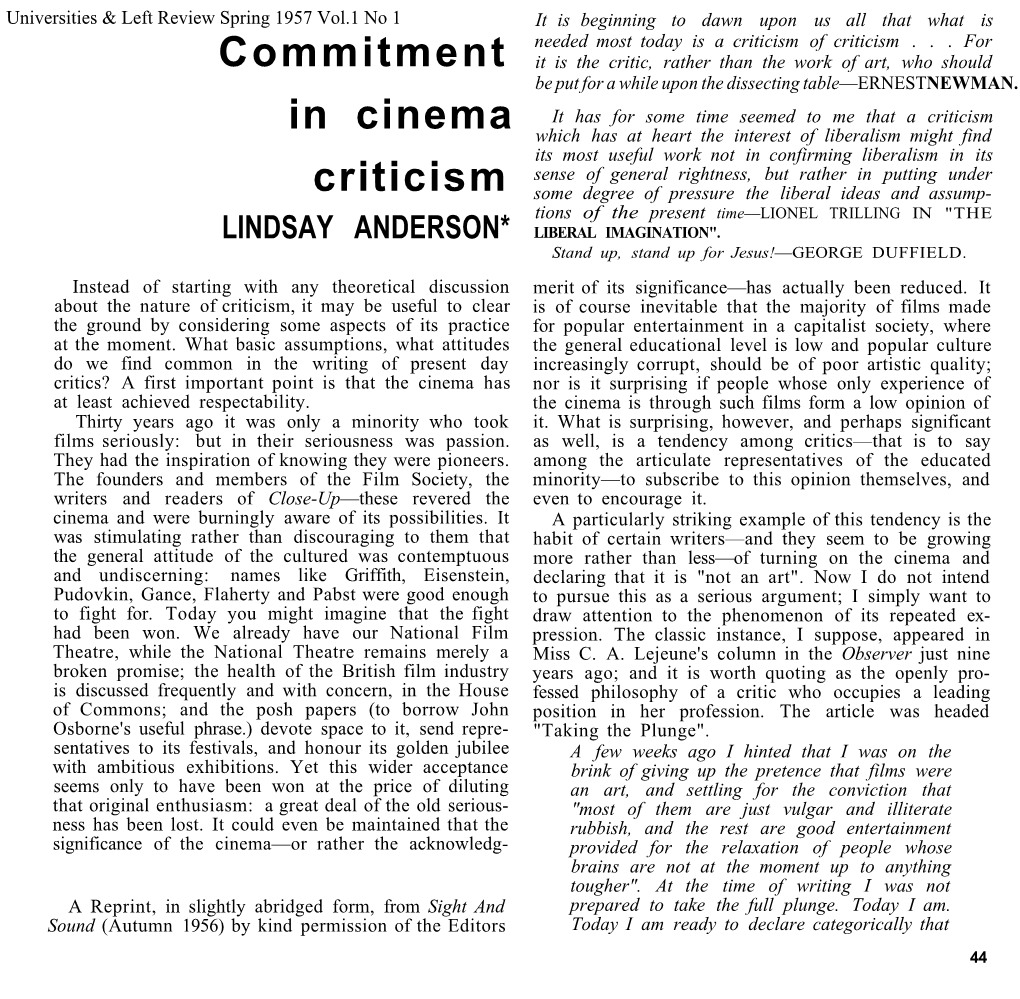 Commitment in Cinema Criticism LINDSAY ANDERSON