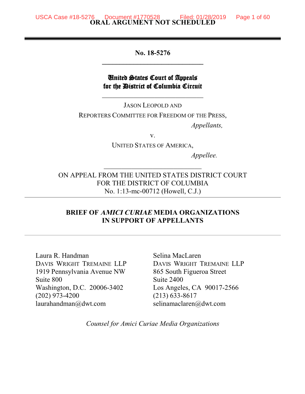 USCA Case #18-5276 Document #1770528 Filed: 01/28/2019 Page 1 of 60 ORAL ARGUMENT NOT SCHEDULED