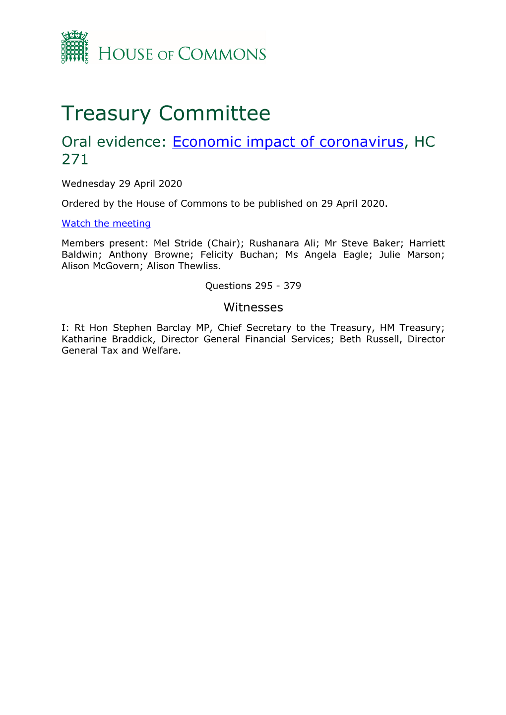 Treasury Committee Oral Evidence: Economic Impact of Coronavirus, HC 271