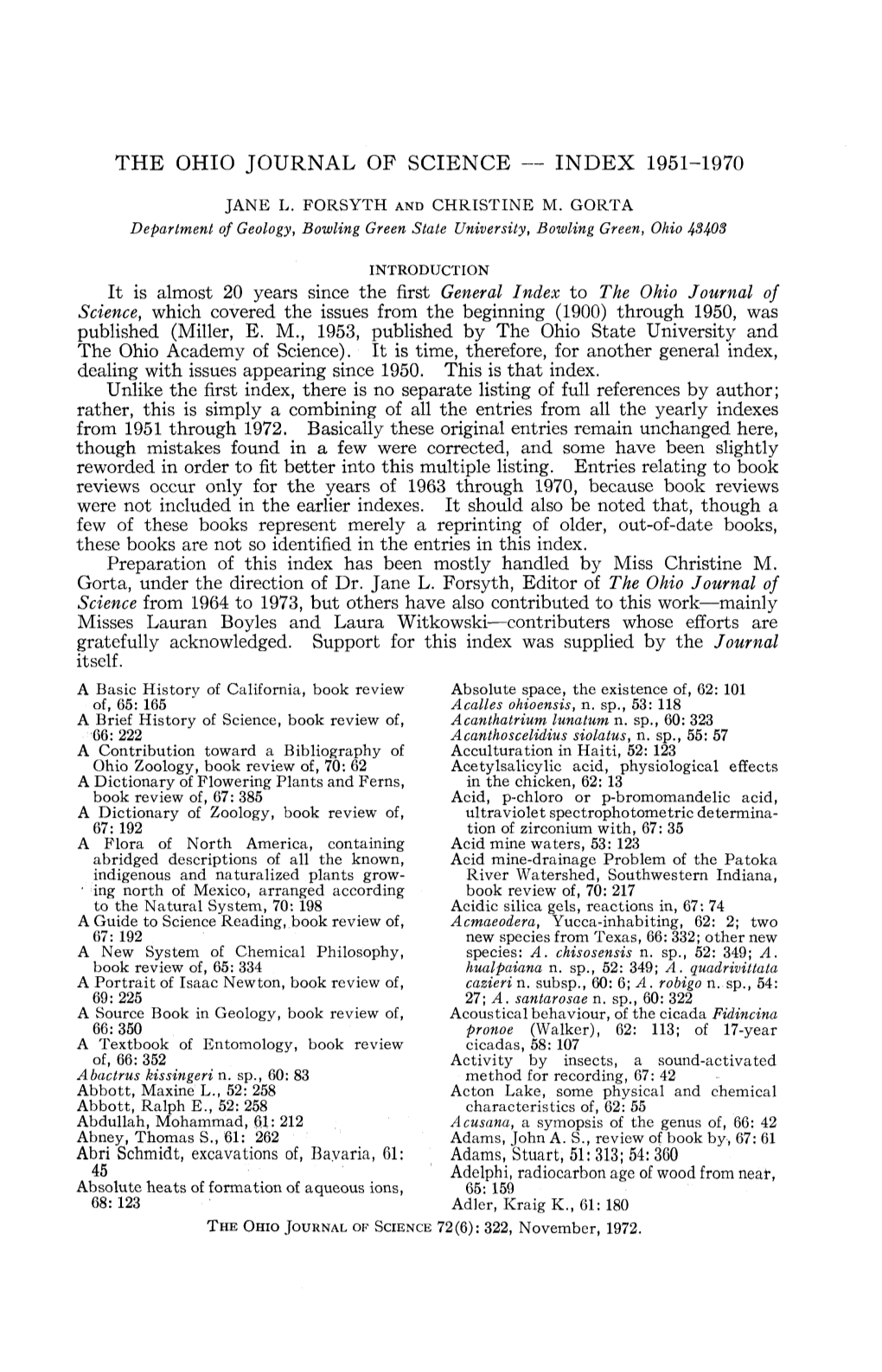 The Ohio Journal of Science — Index 1951-1970