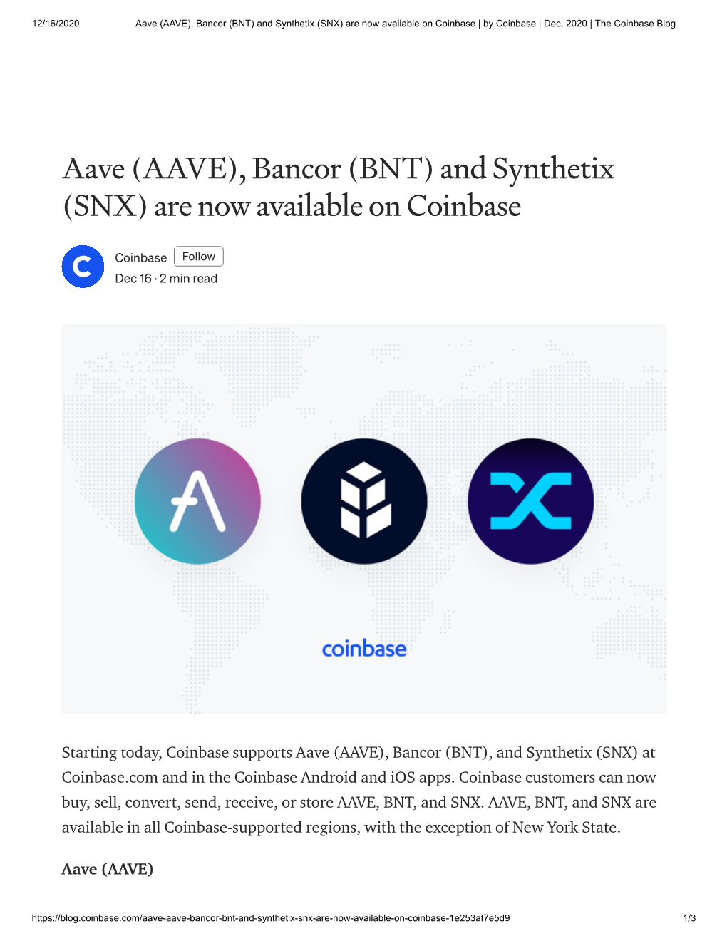 (AAVE), Bancor (BNT) and Synthetix (SNX) Are Now Available on Coinbase | by Coinbase | Dec, 2020 | the Coinbase Blog