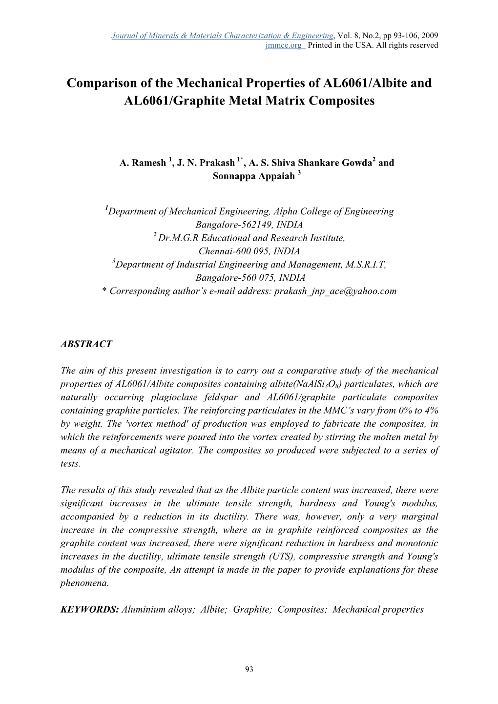 Comparison of the Mechanical Properties of AL6061/Albite and AL6061/Graphite Metal Matrix Composites