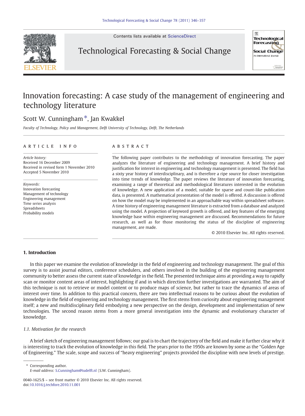 Innovation Forecasting: a Case Study of the Management of Engineering and Technology Literature