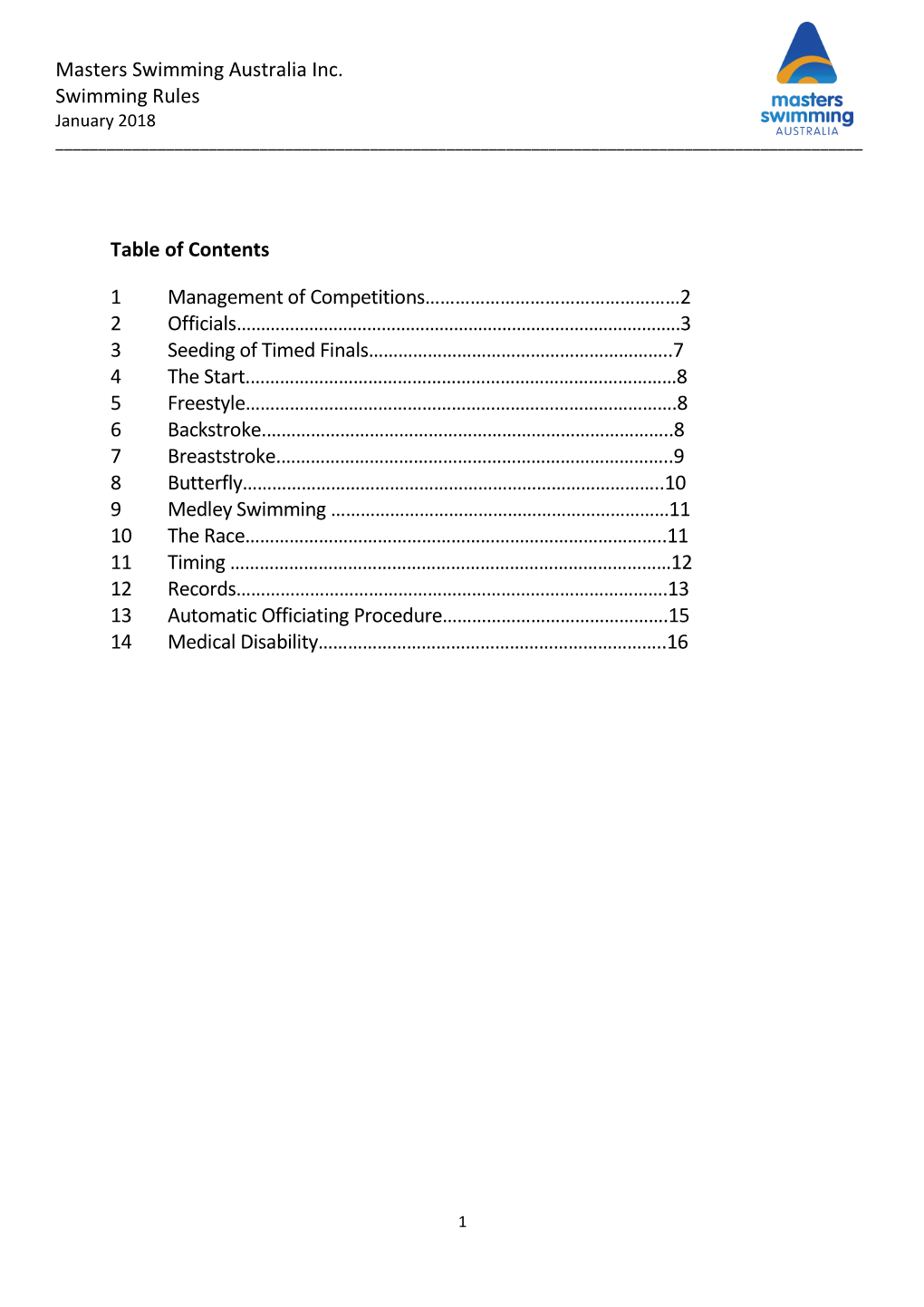 Masters Swimming Australia Inc. Swimming Rules Table of Contents