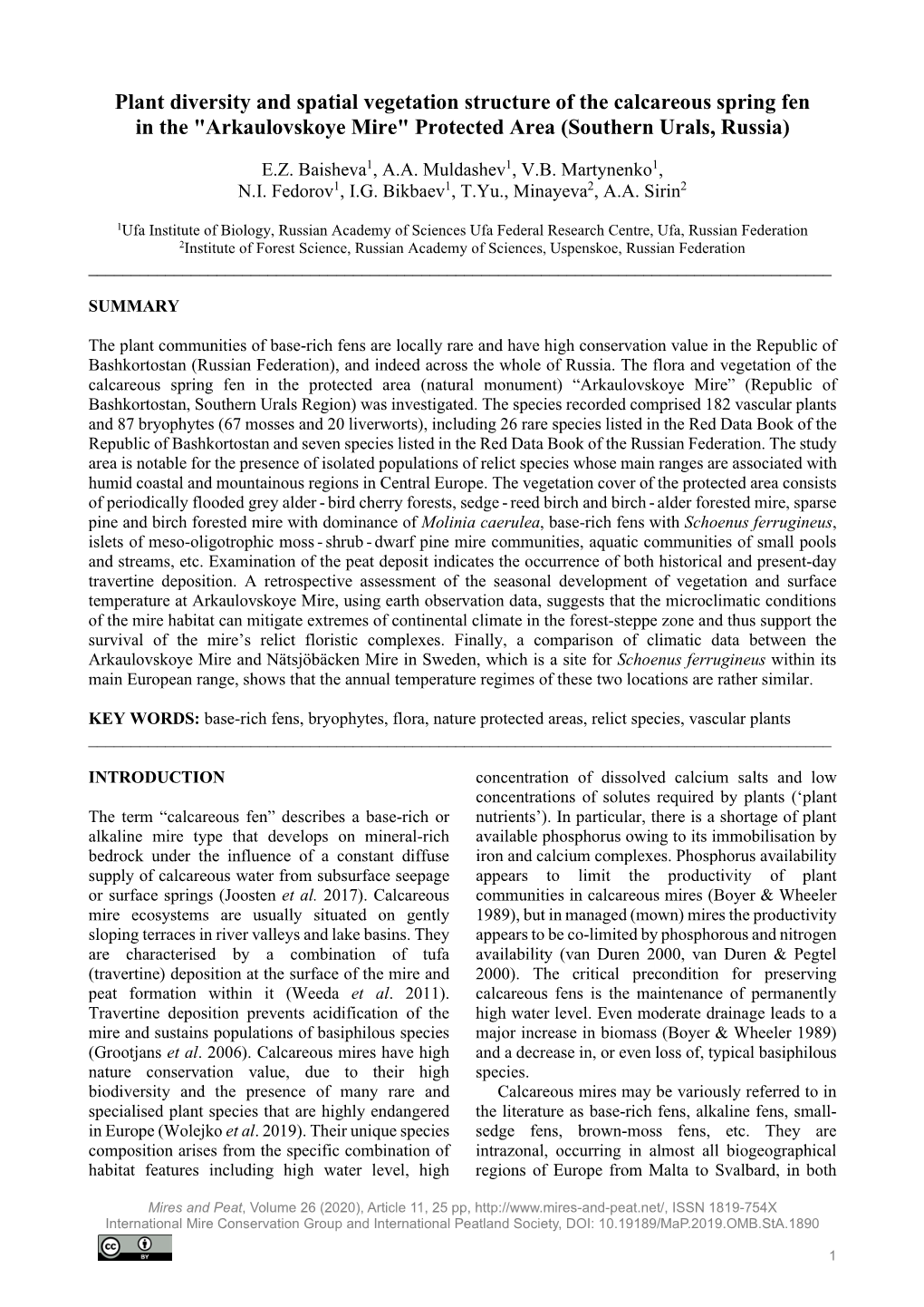 Plant Diversity and Spatial Vegetation Structure of the Calcareous Spring Fen in the "Arkaulovskoye Mire" Protected Area (Southern Urals, Russia)