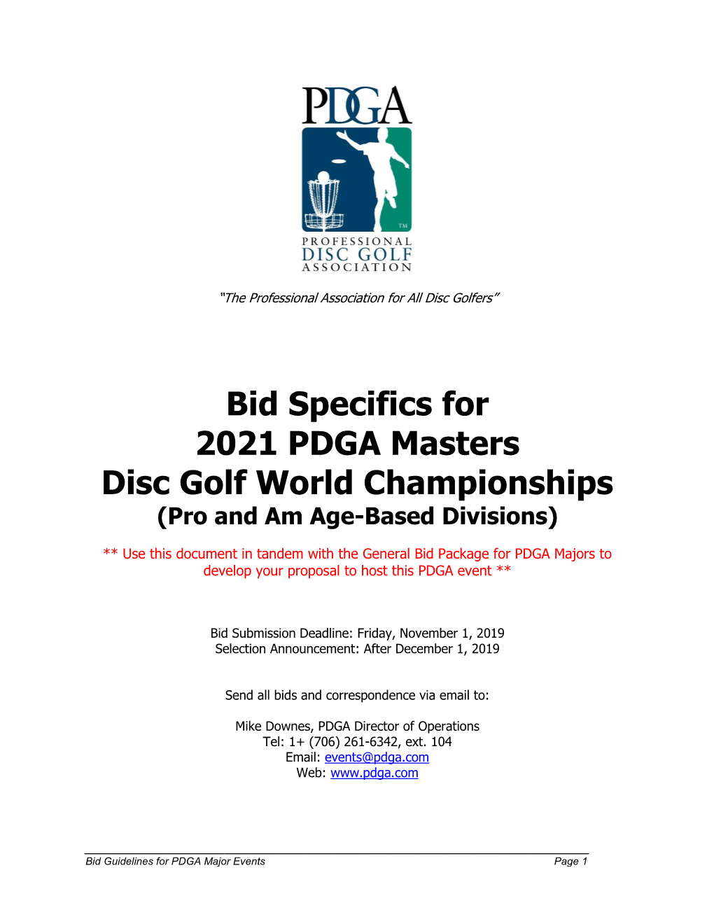 Bid Specifics for 2021 PDGA Masters Disc Golf World Championships (Pro and Am Age-Based Divisions)