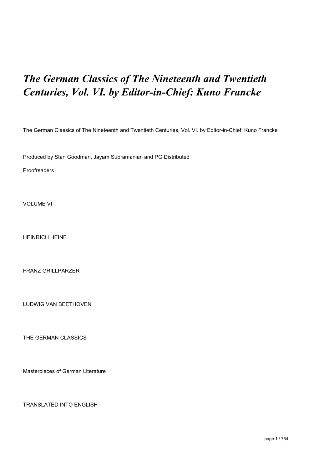 The German Classics of the Nineteenth and Twentieth Centuries, Vol. VI. by Editor-In-Chief: Kuno Francke