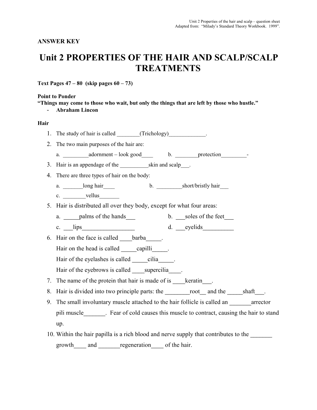Unit 2 Properties of the Hair and Scalp Question Sheet
