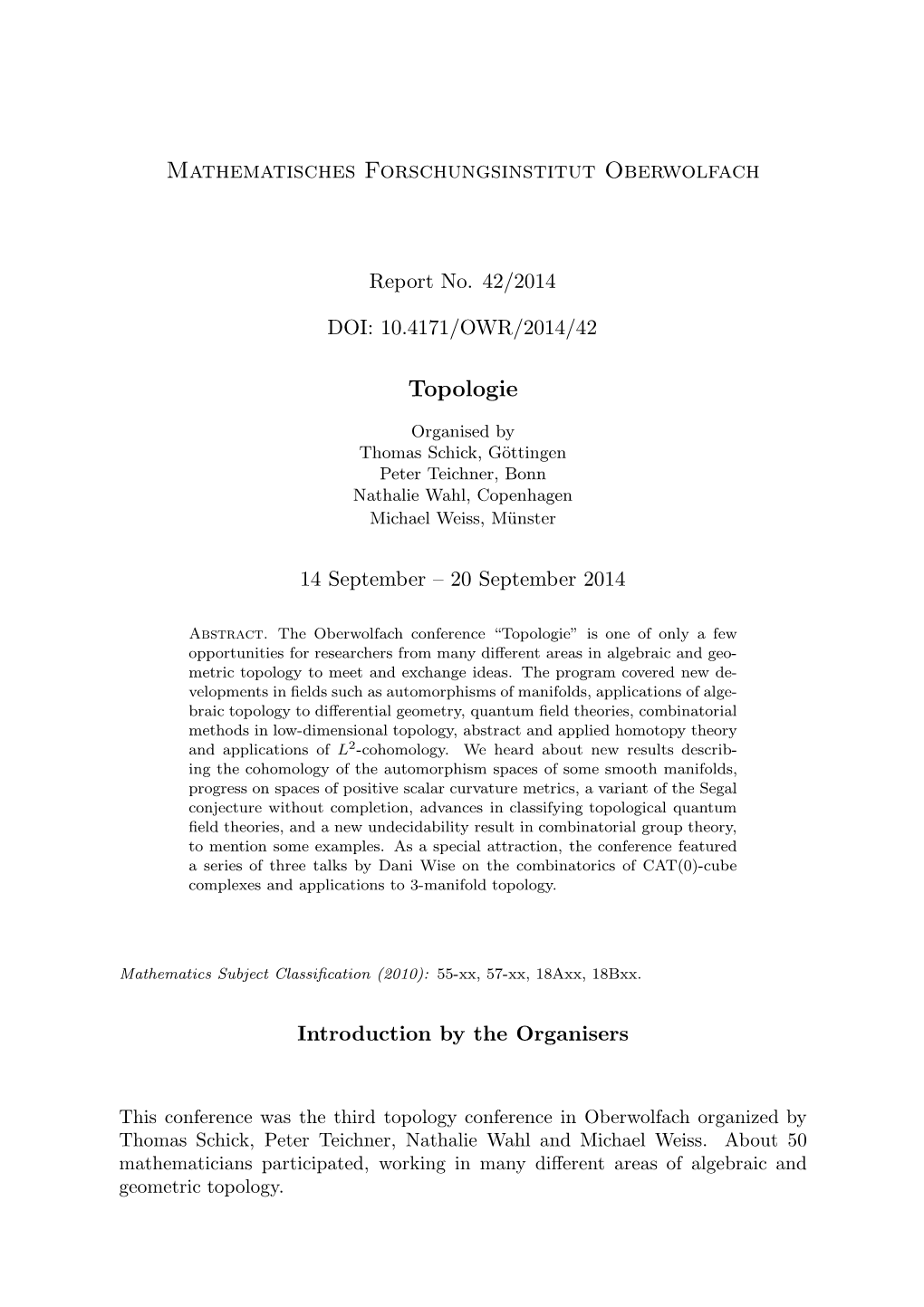 Mathematisches Forschungsinstitut Oberwolfach Topologie