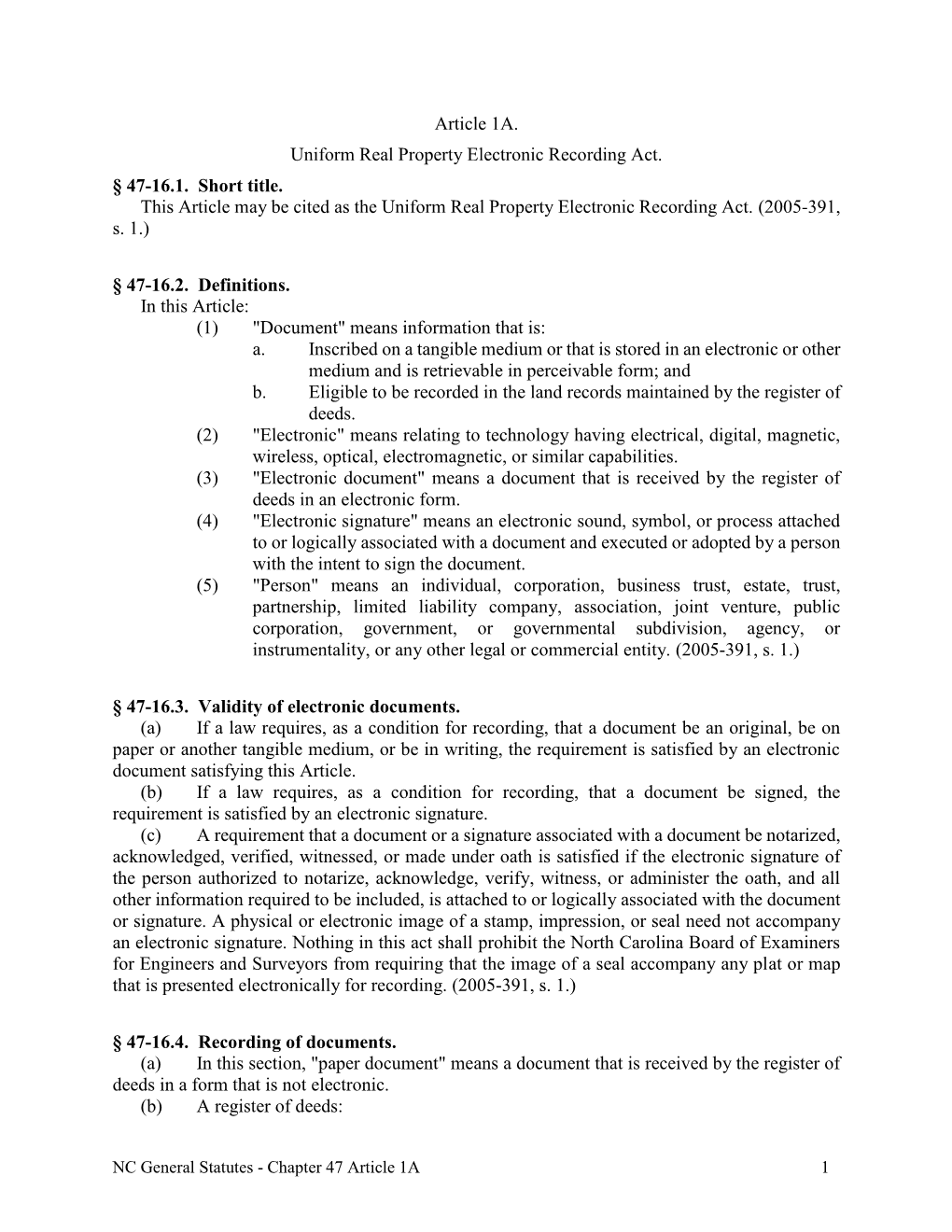 Article 1A. Uniform Real Property Electronic Recording Act. § 47-16.1