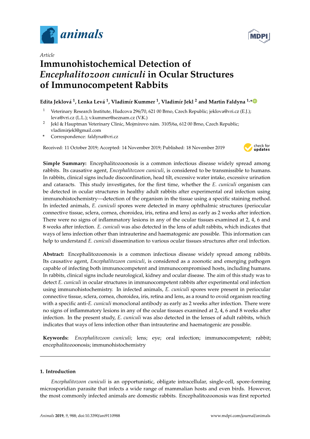 Immunohistochemical Detection of Encephalitozoon Cuniculi in Ocular Structures of Immunocompetent Rabbits