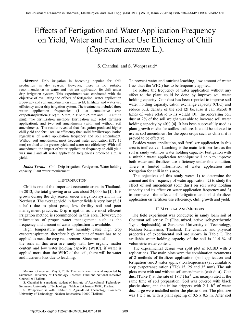 Effects of Fertigation and Water Application Frequency on Yield, Water and Fertilizer Use Efficiency of Chili (Capsicum Annuum L.)