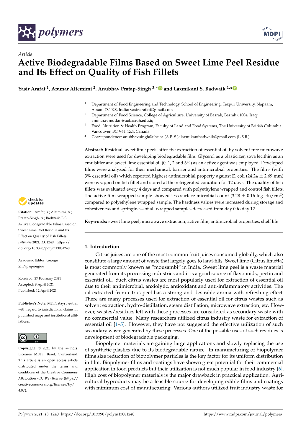 Active Biodegradable Films Based on Sweet Lime Peel Residue and Its Effect on Quality of Fish Fillets